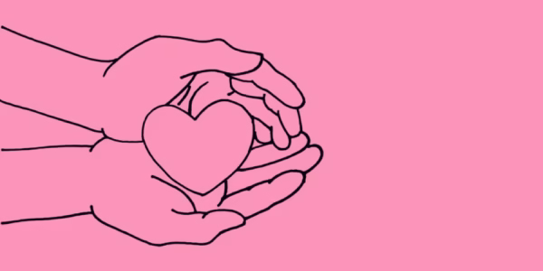 Line drawing of hands cupping a heart on pink background