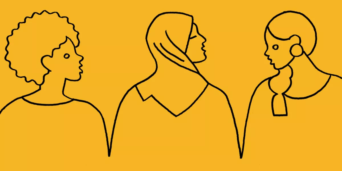 Line drawing of three women from different ethnic groups