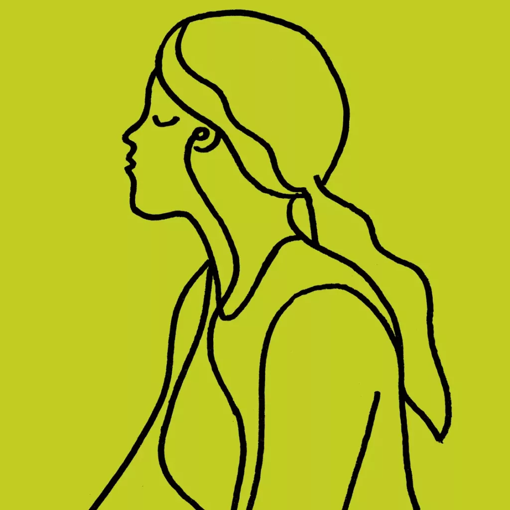 Line drawing of woman listening to audio.