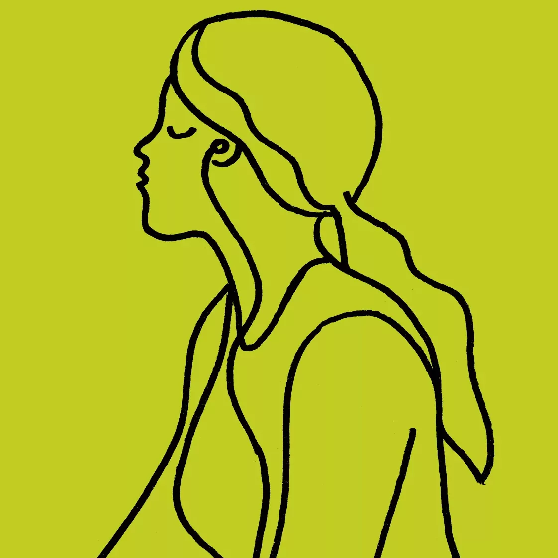 Line drawing of woman listening to audio.