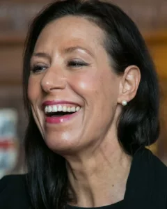 Portrait of Debbie Abrahams MP laughing.