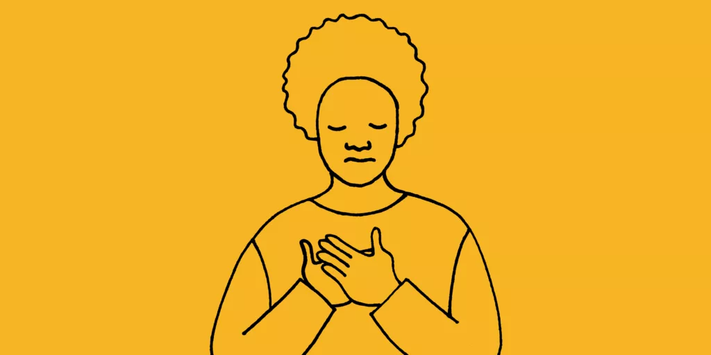 Line drawing of woman with her hands on her heart
