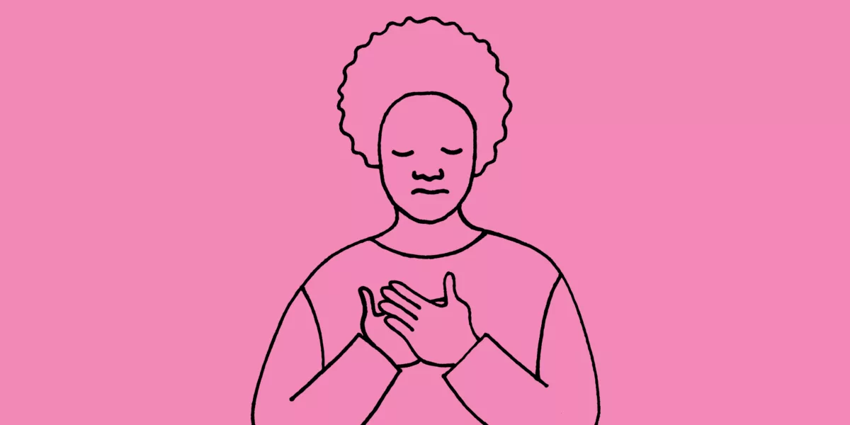 Line drawing of woman with hand on heart depecting self-care