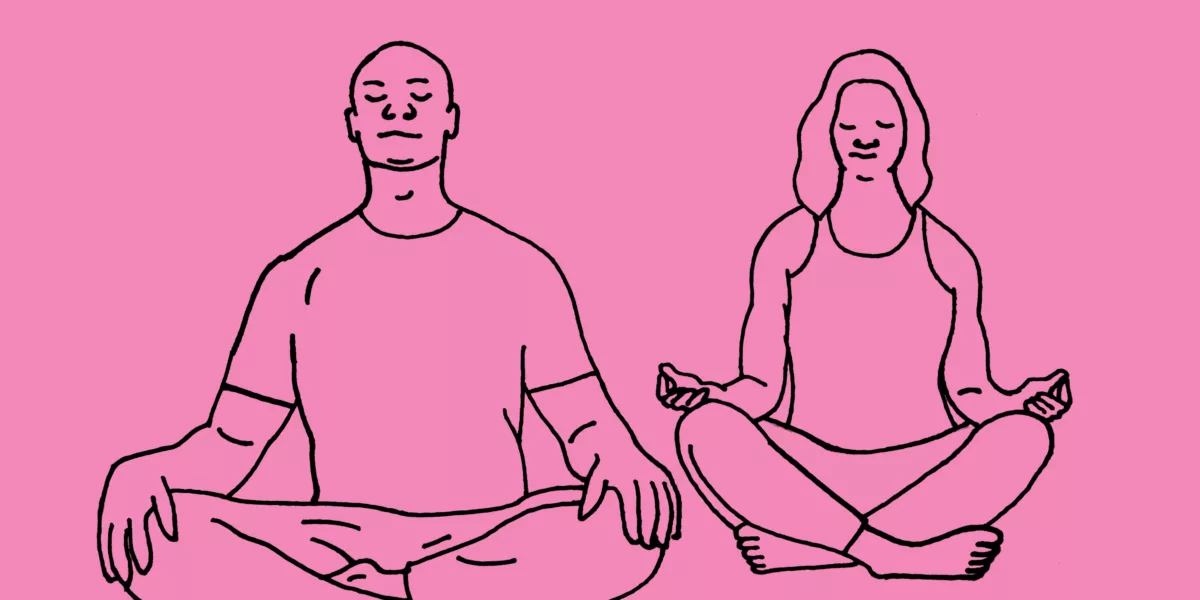 Line drawing of two people sitting meditating