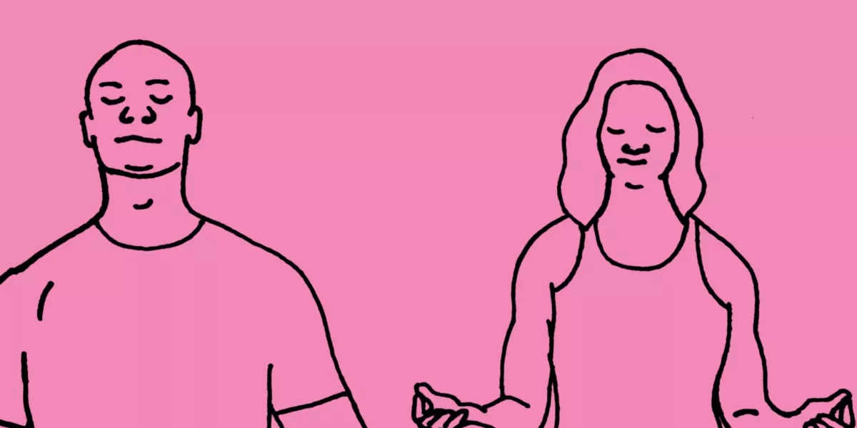 Line drawing of two people sitting meditating - cropped