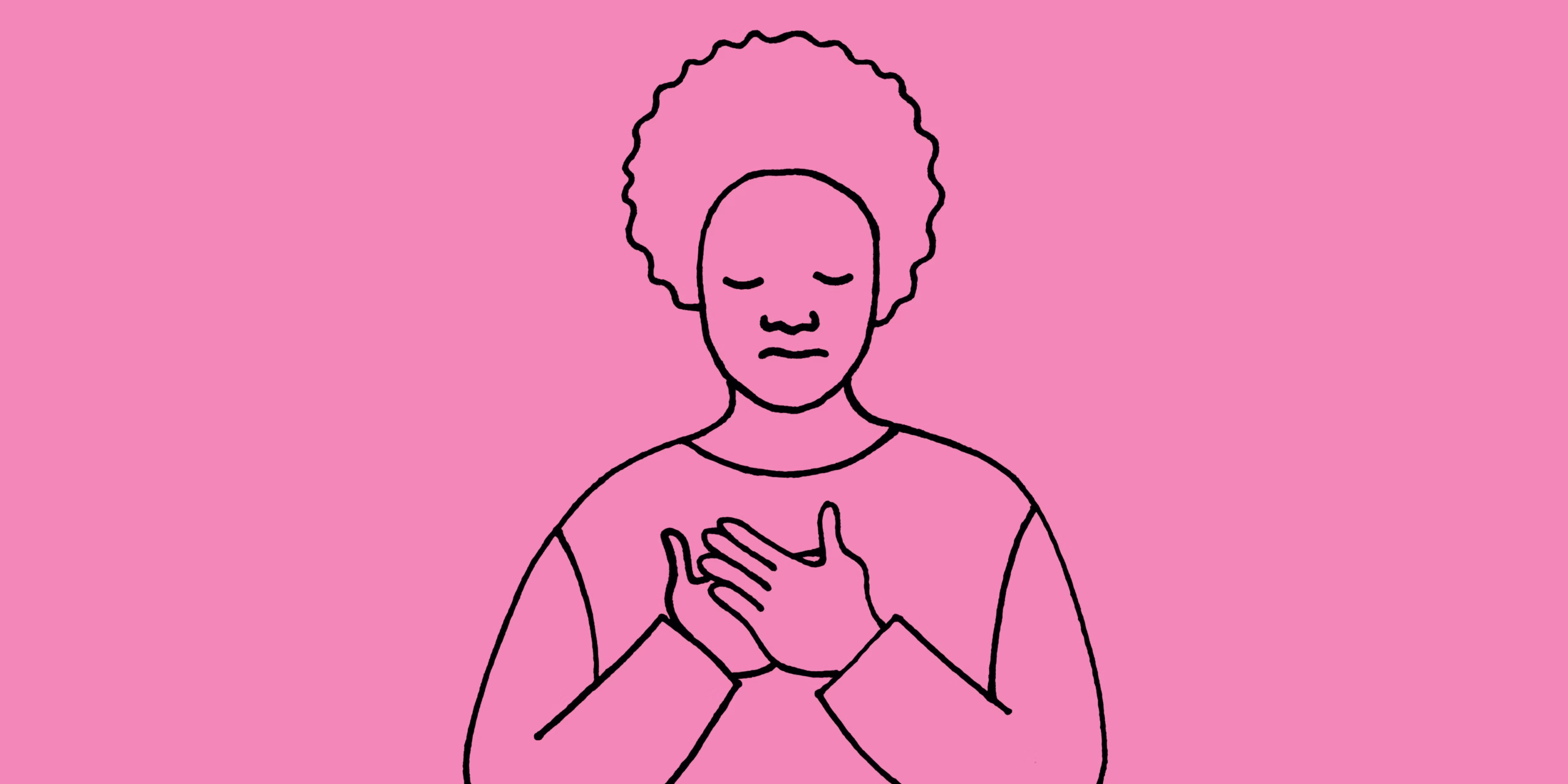 Line drawing of woman with hands on heart as gesture of self-compassion