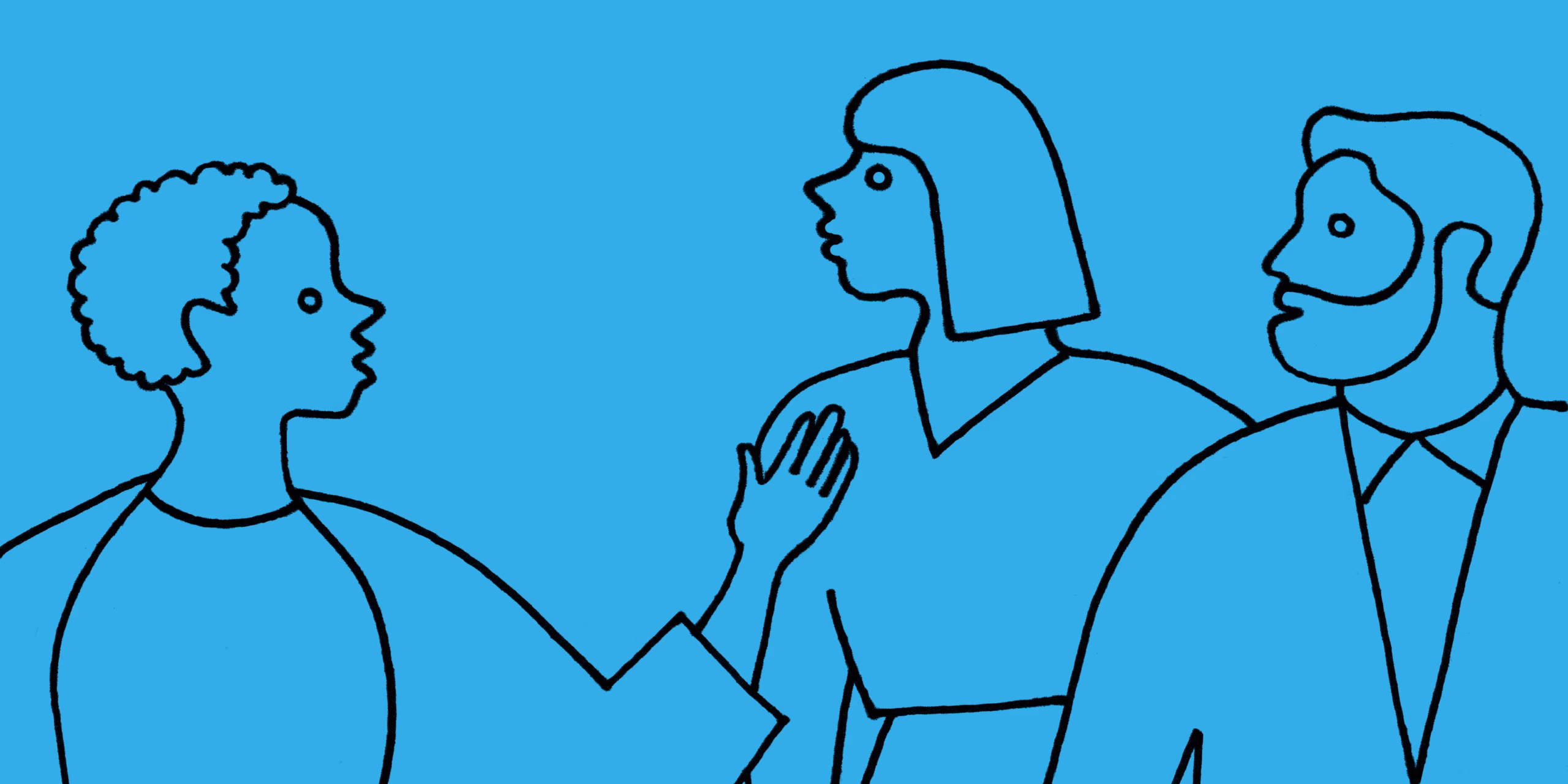 Line drawing against blue background of three people engaged in conversation