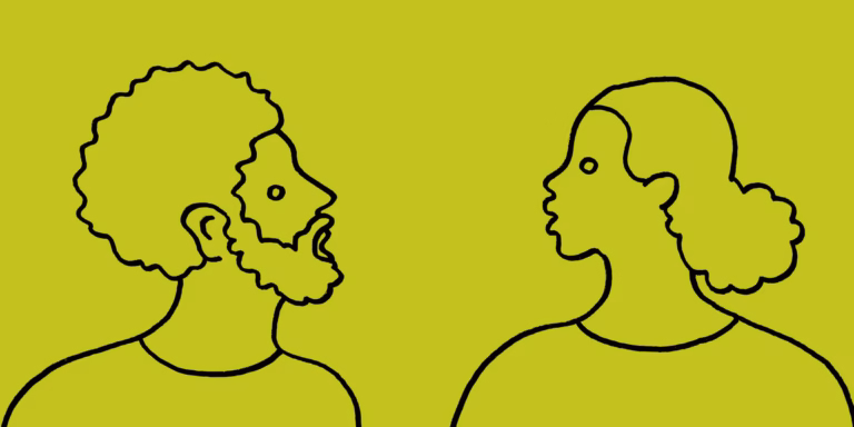Line drawing of a woman and man talking against green backgroun
